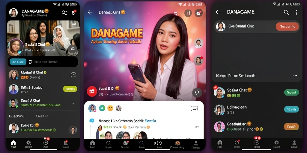 Antarmuka pengguna <strong>DANAGAME</strong> dengan fitur Live Streaming yang interaktif.